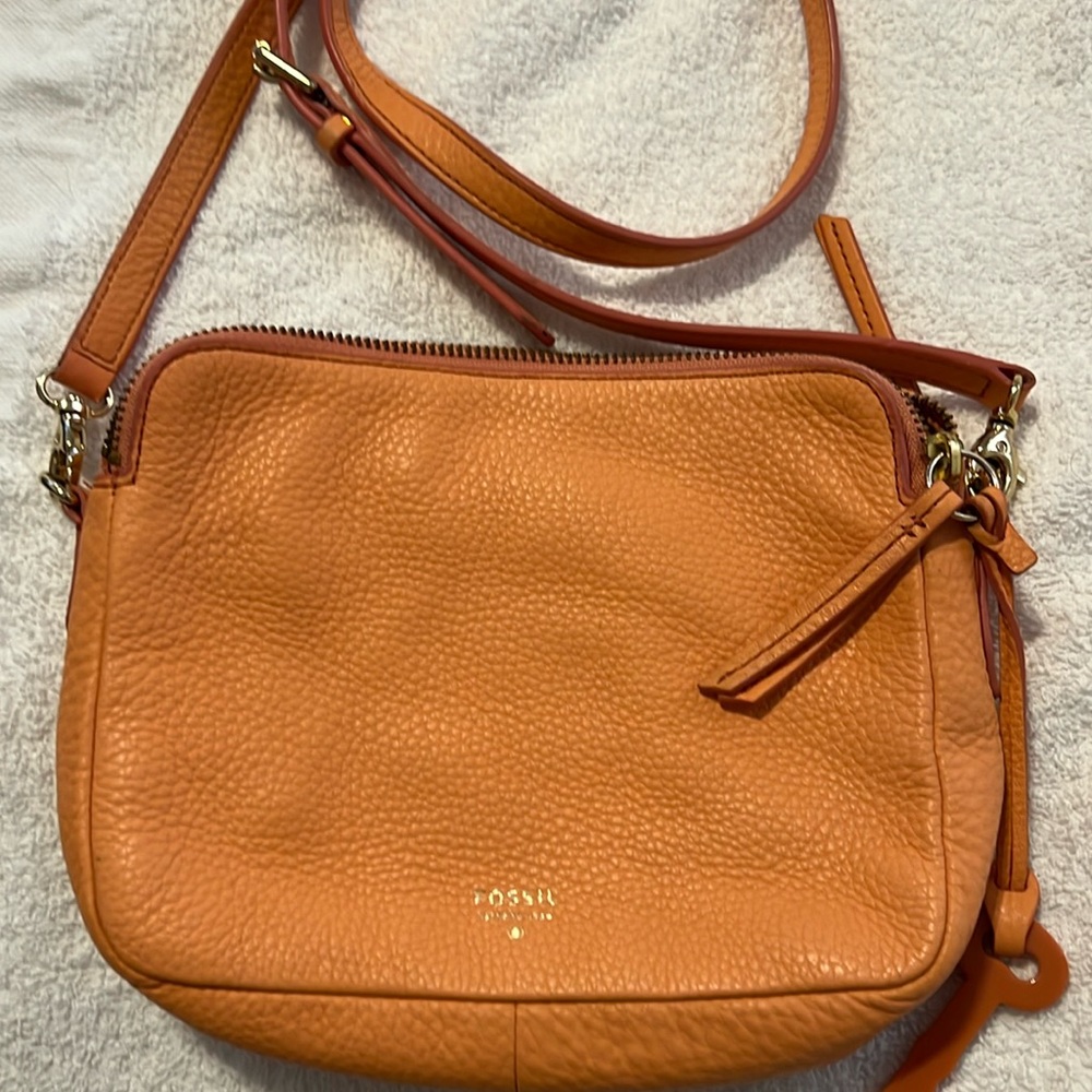 Fossil Corral/Orange Pebbled Leather Crossbody Bag Purse Small
